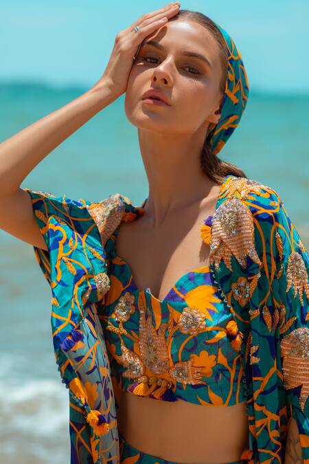 Pds By Sneha_Orange Crepe Embroidered Sequin Asymmetric Printed Long Cape Pant Set _at_Aza_Fashions