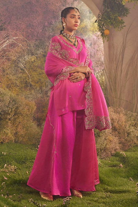 Buy_Charu Makkar_Pink Silk Organza Pearls, Mystique Peacock Embroidered Kurta Sharara Set _Online_at_Aza_Fashions