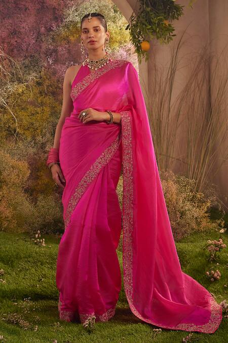 Charu Makkar_Pink Silk Organza Embroidery Blossomy Vine Saree With Unstitched Blouse Piece _Online_at_Aza_Fashions