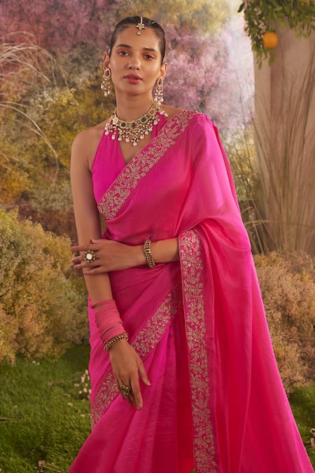 Buy_Charu Makkar_Pink Silk Organza Embroidery Blossomy Vine Saree With Unstitched Blouse Piece _Online_at_Aza_Fashions