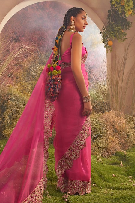 Shop Charu Makkar Pink Silk Organza Peacock Wonder Embroidered Saree With Unstitched Blouse Piece at Aza Fashions Shop_Charu Makkar_Pink Silk Organza Peacock Wonder Embroidered Saree With Unstitched Blouse Piece _at_Aza_Fashions