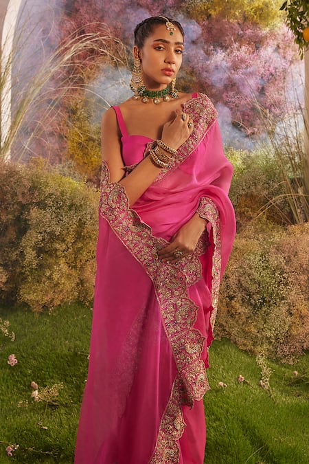 Charu Makkar Pink Silk Organza Peacock Wonder Embroidered Saree With Unstitched Blouse Piece Online at Aza Fashions Charu Makkar_Pink Silk Organza Peacock Wonder Embroidered Saree With Unstitched Blouse Piece _Online_at_Aza_Fashions