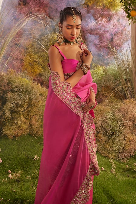 Buy Charu Makkar Pink Silk Organza Peacock Wonder Embroidered Saree With Unstitched Blouse Piece Online at Aza Fashions Buy_Charu Makkar_Pink Silk Organza Peacock Wonder Embroidered Saree With Unstitched Blouse Piece _Online_at_Aza_Fashions