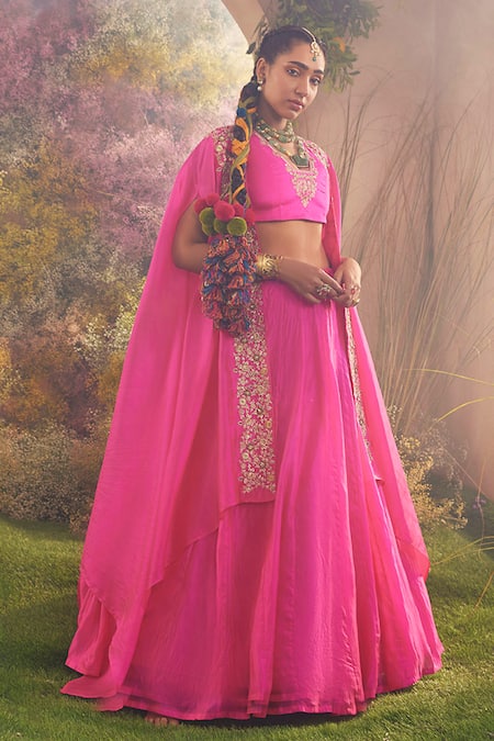 Charu Makkar_Pink Silk Organza Embroidery Hot Cape Lehenga Set For Kids_Online_at_Aza_Fashions