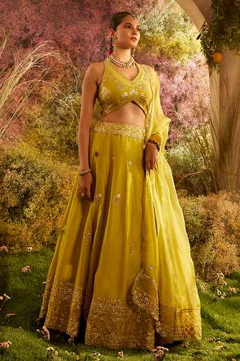 Charu Makkar Yellow Silk, Chanderi Embroidery Fleur Lehenga Set For Kids Online at Aza Fashions Charu Makkar_Yellow Silk, Chanderi Embroidery Fleur Lehenga Set For Kids_Online_at_Aza_Fashions