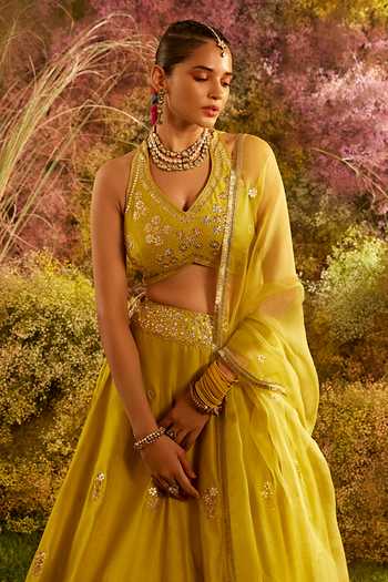 Buy Charu Makkar Yellow Silk, Chanderi Embroidery Fleur Lehenga Set For Kids Online at Aza Fashions Buy_Charu Makkar_Yellow Silk, Chanderi Embroidery Fleur Lehenga Set For Kids_Online_at_Aza_Fashions