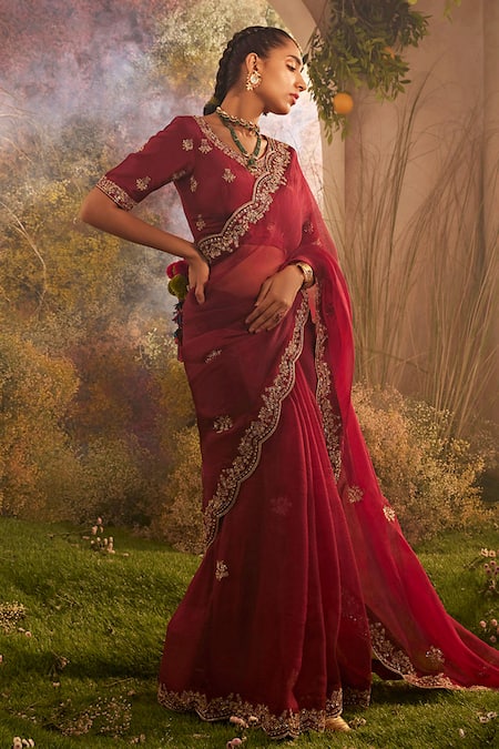 Charu Makkar_Maroon Silk Organza Blossom Vine Border Saree With Unstitched Blouse Piece _Online_at_Aza_Fashions