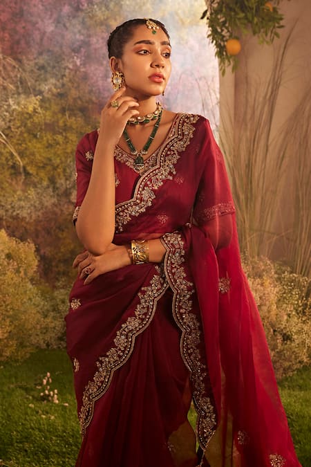Buy_Charu Makkar_Maroon Silk Organza Blossom Vine Border Saree With Unstitched Blouse Piece _Online_at_Aza_Fashions