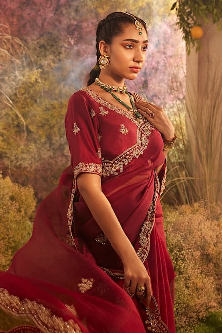 Shop_Charu Makkar_Maroon Silk Organza Blossom Vine Border Saree With Unstitched Blouse Piece _Online_at_Aza_Fashions
