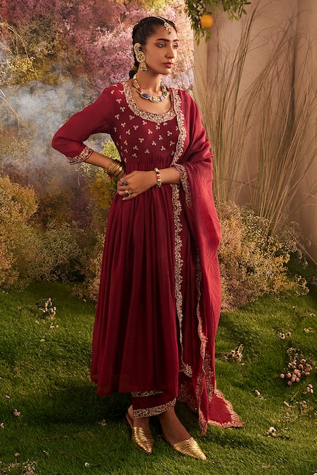 Charu Makkar_Maroon Chanderi Embroidery Round Neck Soft Anarkali Palazzo Set _Online_at_Aza_Fashions