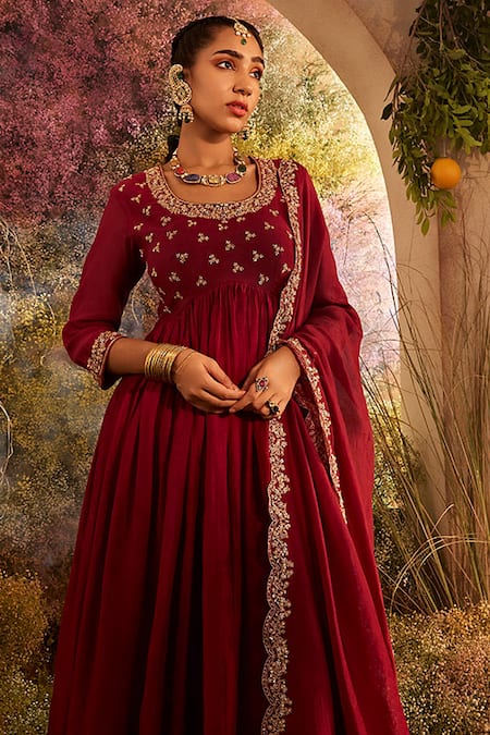 Buy_Charu Makkar_Maroon Chanderi Embroidery Round Neck Soft Anarkali Palazzo Set _Online_at_Aza_Fashions