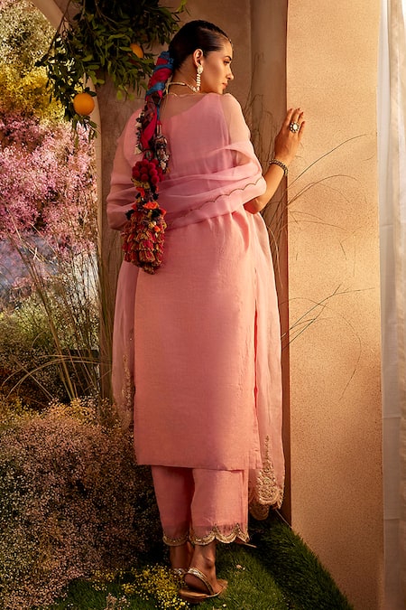 Shop Charu Makkar Pink Chanderi, Tissue Sequins, Embroidery Round Scallop Straight Kurta Pant Set at Aza Fashions Shop_Charu Makkar_Pink Chanderi, Tissue Sequins, Embroidery Round Scallop Straight Kurta Pant Set _at_Aza_Fashions