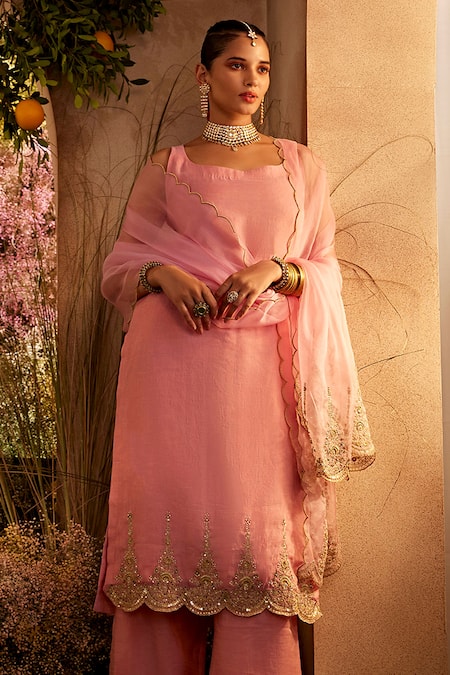 Charu Makkar Pink Chanderi, Tissue Sequins, Embroidery Round Scallop Straight Kurta Pant Set Online at Aza Fashions Charu Makkar_Pink Chanderi, Tissue Sequins, Embroidery Round Scallop Straight Kurta Pant Set _Online_at_Aza_Fashions