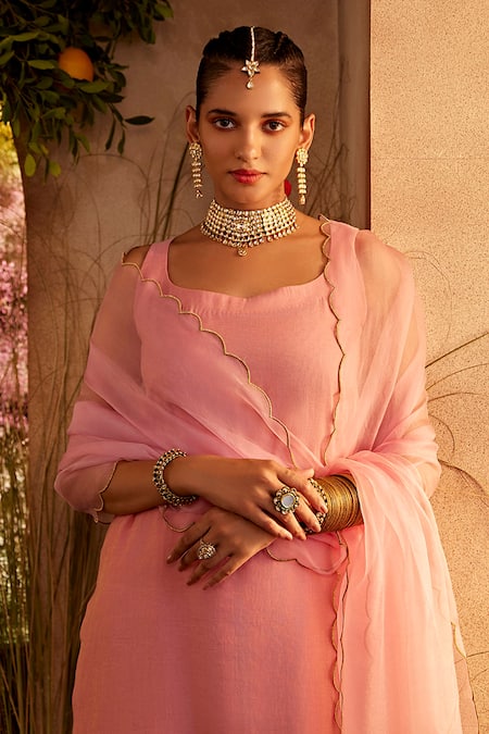 Buy Charu Makkar Pink Chanderi, Tissue Sequins, Embroidery Round Scallop Straight Kurta Pant Set Online at Aza Fashions Buy_Charu Makkar_Pink Chanderi, Tissue Sequins, Embroidery Round Scallop Straight Kurta Pant Set _Online_at_Aza_Fashions