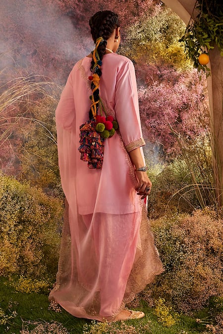 Shop Charu Makkar Pink Silk Sequins Split V-neck Marodi And Work Kurta Tulip Pant Set at Aza Fashions Shop_Charu Makkar_Pink Silk Sequins Split V-neck Marodi And Work Kurta Tulip Pant Set _at_Aza_Fashions