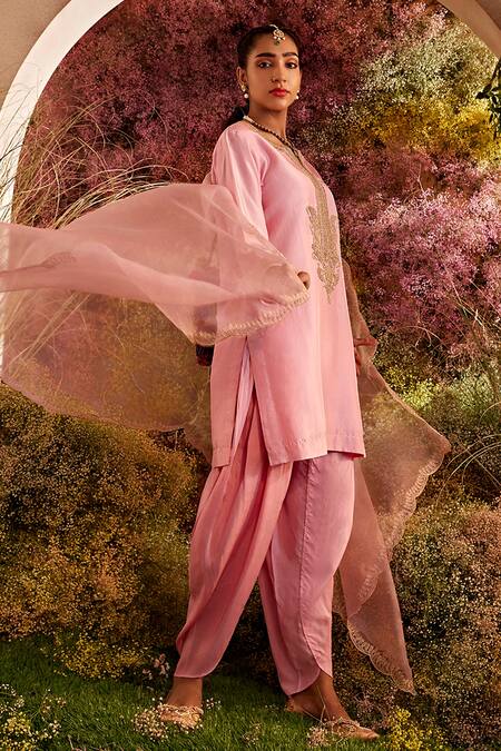 Charu Makkar Pink Silk Sequins Split V-neck Marodi And Work Kurta Tulip Pant Set Online at Aza Fashions Charu Makkar_Pink Silk Sequins Split V-neck Marodi And Work Kurta Tulip Pant Set _Online_at_Aza_Fashions