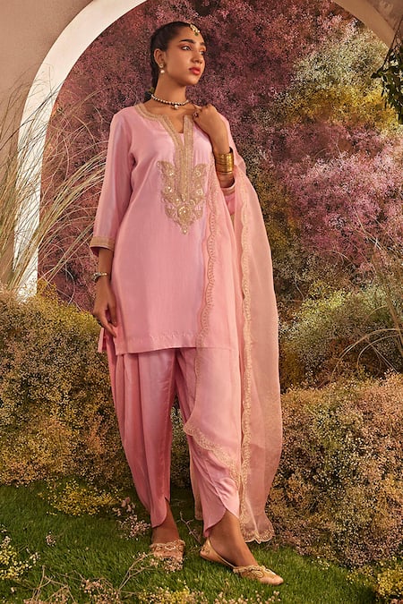Buy Charu Makkar Pink Silk Sequins Split V-neck Marodi And Work Kurta Tulip Pant Set Online at Aza Fashions Buy_Charu Makkar_Pink Silk Sequins Split V-neck Marodi And Work Kurta Tulip Pant Set _Online_at_Aza_Fashions