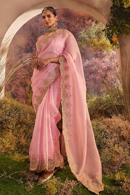 Charu Makkar_Pink Silk Organza Embroidery Scallop Saree With Unstitched Blouse Piece _Online_at_Aza_Fashions