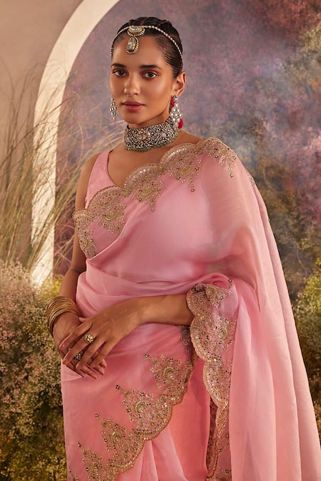 Buy_Charu Makkar_Pink Silk Organza Embroidery Scallop Saree With Unstitched Blouse Piece _Online_at_Aza_Fashions