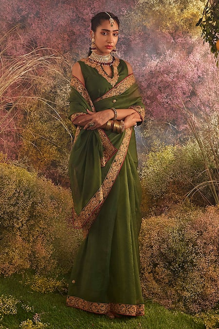 Charu Makkar_Green Organza Embroidery Silk Saree With Unstitched Blouse Piece _Online_at_Aza_Fashions
