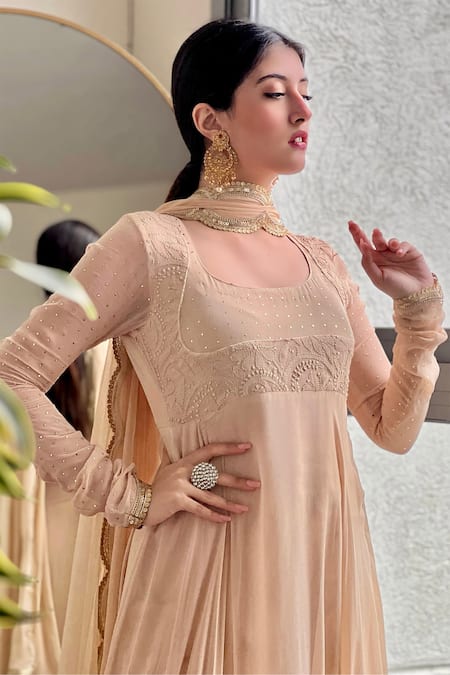 LABEL AISHWARYRIKA_Beige Georgette, Chiffon Dolce Chikankari Embroidered Yoke Mastani Anarkali Set _Online_at_Aza_Fashions