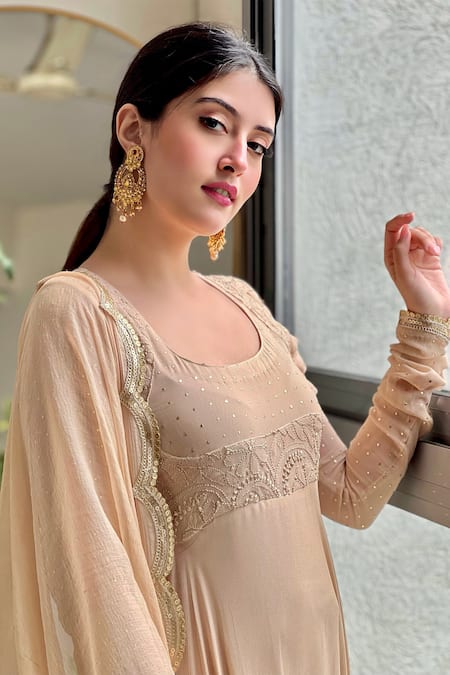 Shop_LABEL AISHWARYRIKA_Beige Georgette, Chiffon Dolce Chikankari Embroidered Yoke Mastani Anarkali Set _Online_at_Aza_Fashions