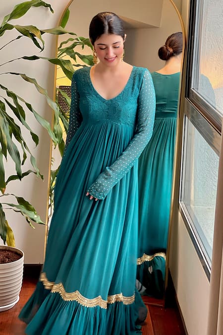 Buy LABEL AISHWARYRIKA Green Georgette Sequins, Lace V-neck Elaine Chikankari Embroidered Yoke Anarkali Online at Aza Fashions Buy_LABEL AISHWARYRIKA_Green Georgette Sequins, Lace V-neck Elaine Chikankari Embroidered Yoke Anarkali _Online_at_Aza_Fashions