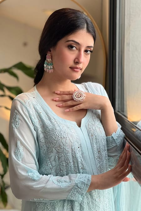 LABEL AISHWARYRIKA_Blue Georgette, Chiffon Embroidery, Eleanor Chikankari Kurta Palazzo Set _Online_at_Aza_Fashions