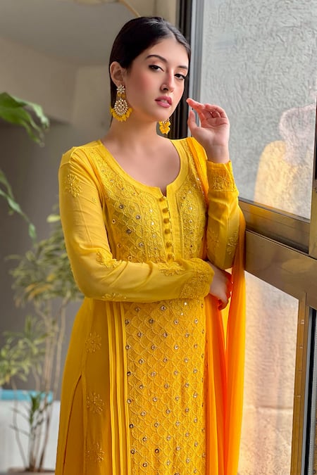 LABEL AISHWARYRIKA_Yellow Georgette, Chiffon Embroidery Round Firefly Chikankari Kurta Palazzo Set _Online_at_Aza_Fashions