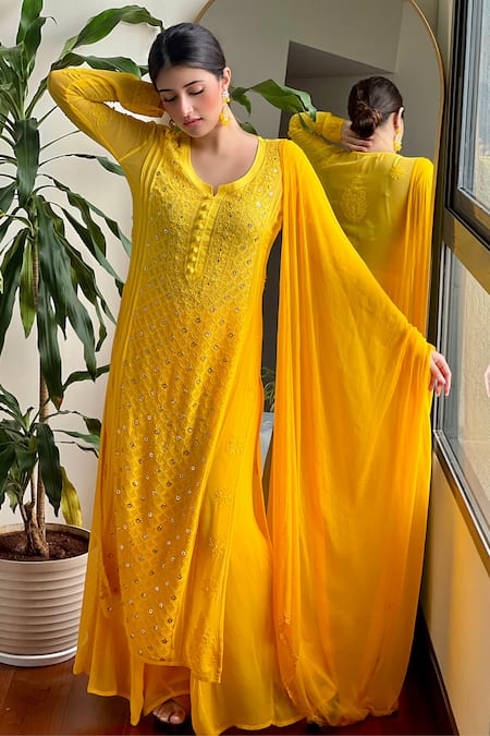 Buy_LABEL AISHWARYRIKA_Yellow Georgette, Chiffon Embroidery Round Firefly Chikankari Kurta Palazzo Set _Online_at_Aza_Fashions