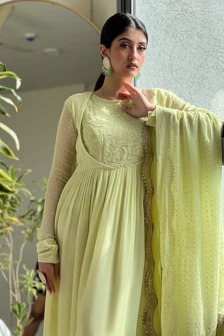 Shop_LABEL AISHWARYRIKA_Green Georgette, Chiffon Gemma Chikankari Embroidered Yoke Mastani Anarkali Set _at_Aza_Fashions