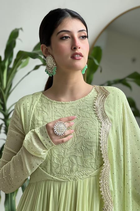LABEL AISHWARYRIKA_Green Georgette, Chiffon Gemma Chikankari Embroidered Yoke Mastani Anarkali Set _Online_at_Aza_Fashions