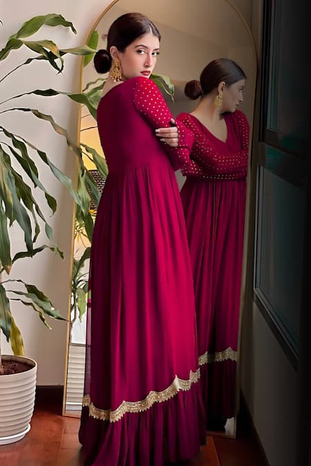 Shop LABEL AISHWARYRIKA Maroon Georgette Sequins, Lace Milano Chikankari Embroidered Yoke Anarkali at Aza Fashions Shop_LABEL AISHWARYRIKA_Maroon Georgette Sequins, Lace Milano Chikankari Embroidered Yoke Anarkali _at_Aza_Fashions