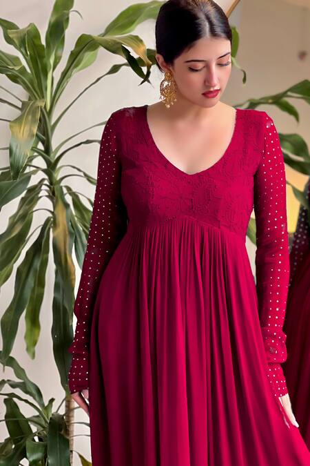 LABEL AISHWARYRIKA Maroon Georgette Sequins, Lace Milano Chikankari Embroidered Yoke Anarkali Online at Aza Fashions LABEL AISHWARYRIKA_Maroon Georgette Sequins, Lace Milano Chikankari Embroidered Yoke Anarkali _Online_at_Aza_Fashions