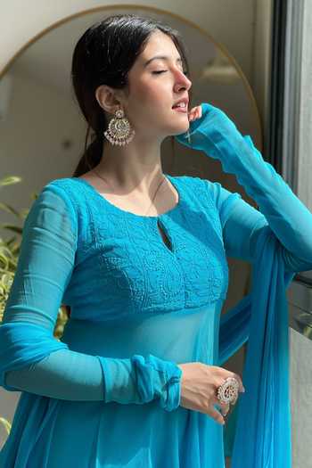 LABEL AISHWARYRIKA_Blue Georgette, Chiffon Embroidery, Chains Serena Chikankari Yoke Gharara Set_Online_at_Aza_Fashions