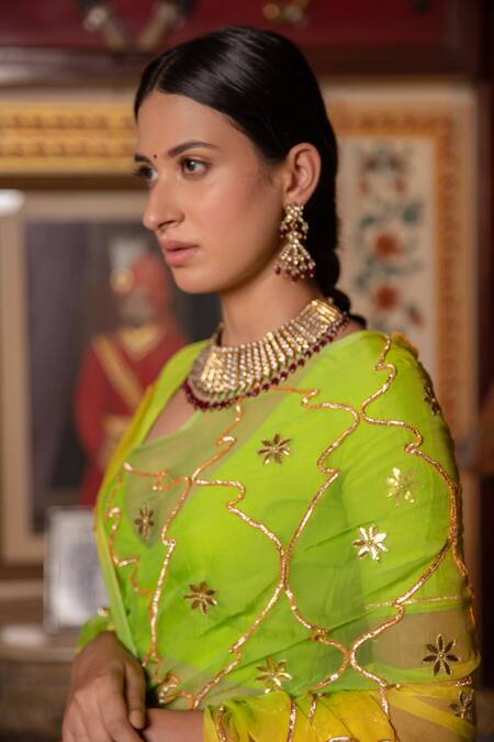 Buy_Geroo Jaipur_Green Chiffon, Crepe Embroidery Ombre Gota Saree With Unstitched Blouse Piece _Online_at_Aza_Fashions