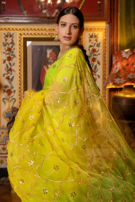 Shop_Geroo Jaipur_Green Chiffon, Crepe Embroidery Ombre Gota Saree With Unstitched Blouse Piece _Online_at_Aza_Fashions