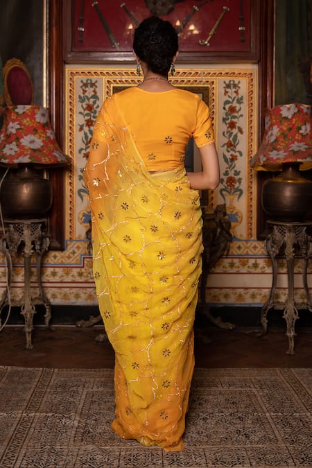 Geroo Jaipur Gota Embroidered Ombre Saree With Unstitched Blouse Piece 