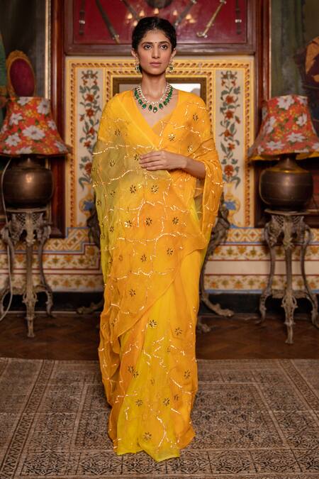 Buy_Geroo Jaipur_Yellow Chiffon, Crepe Gota Embroidered Ombre Saree With Unstitched Blouse Piece _Online_at_Aza_Fashions