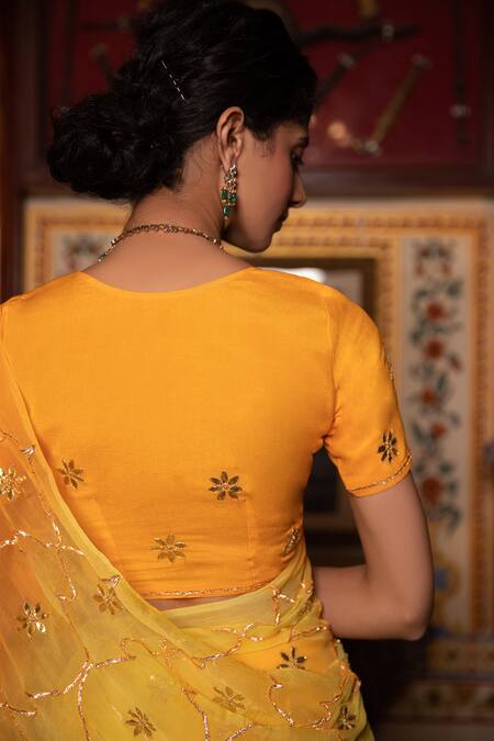 Shop_Geroo Jaipur_Yellow Chiffon, Crepe Gota Embroidered Ombre Saree With Unstitched Blouse Piece _Online_at_Aza_Fashions