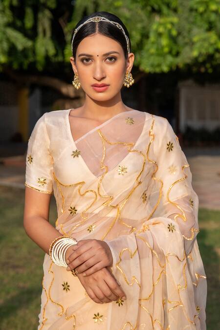 Shop_Geroo Jaipur_Beige Chiffon, Crepe Gota Patti Work Saree With Unstitched Blouse Piece _Online_at_Aza_Fashions