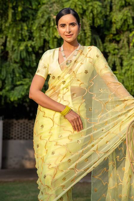 Yellow Handcrafted Gota Patti Organza Saree – Geroo Jaipur