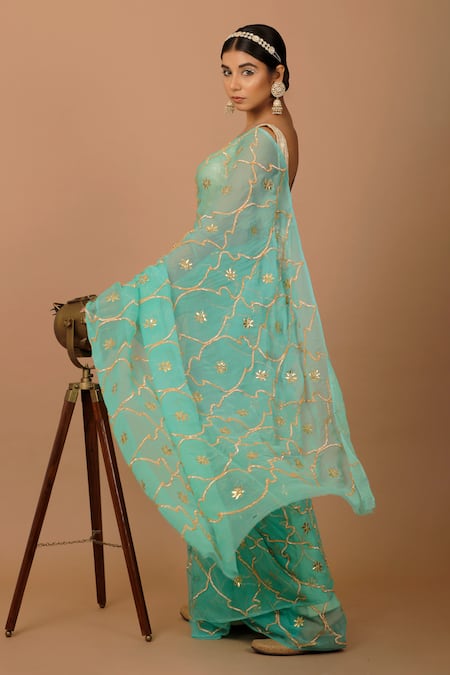 Geroo Jaipur_Green Chiffon, Crepe Gota Mughal Embroidered Saree With Unstitched Blouse Piece _Online_at_Aza_Fashions