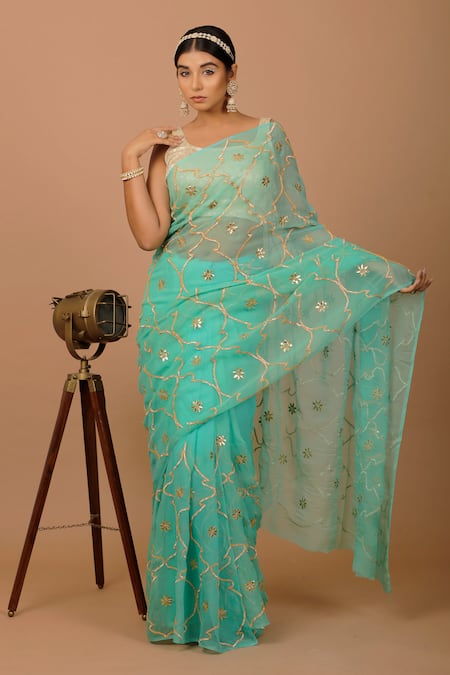 Buy_Geroo Jaipur_Green Chiffon, Crepe Gota Mughal Embroidered Saree With Unstitched Blouse Piece _Online_at_Aza_Fashions