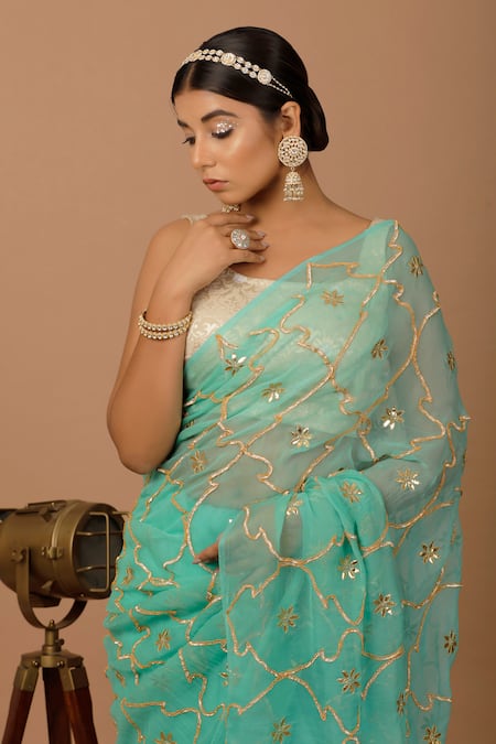 Shop_Geroo Jaipur_Green Chiffon, Crepe Gota Mughal Embroidered Saree With Unstitched Blouse Piece _Online_at_Aza_Fashions