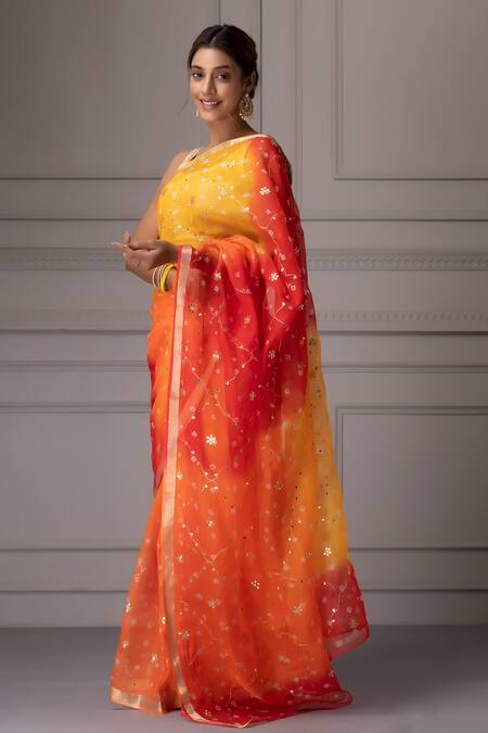 Geroo Jaipur_Yellow Kota Doria Embroidery, Jaal Saree With Unstitched Blouse Piece _Online_at_Aza_Fashions