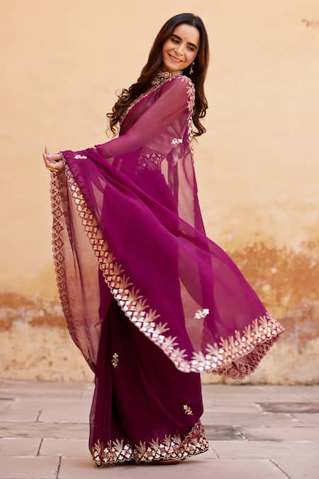 Geroo Jaipur_Wine Chiffon, Crepe Embroidery, Gota Aari Saree With Unstitched Blouse Piece _Online_at_Aza_Fashions