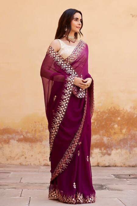Buy_Geroo Jaipur_Wine Chiffon, Crepe Embroidery, Gota Aari Saree With Unstitched Blouse Piece _Online_at_Aza_Fashions
