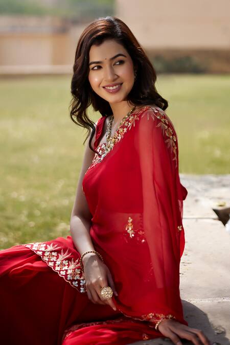 Geroo Jaipur_Red Chiffon, Crepe Mirrors, Gota Aari And Work Saree With Unstitched Blouse Piece _Online_at_Aza_Fashions