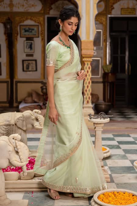 Geroo Jaipur Green Organza Beads, Zari And Gota Work Saree With Unstitched Blouse Piece Online at Aza Fashions Geroo Jaipur_Green Organza Beads, Zari And Gota Work Saree With Unstitched Blouse Piece _Online_at_Aza_Fashions